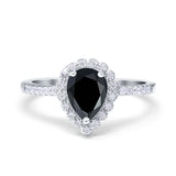 Art Deco Pear Natural Black Onyx Halo Engagement Ring 925 Sterling Silver