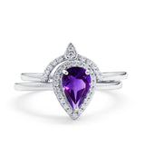 Two Piece Pear Teardrop Natural Amethyst Rings Contour Band 925 Sterling Silver
