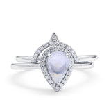 Two Piece Pear Teardrop Natural Moonstone Rings Contour Band 925 Sterling Silver