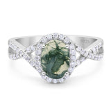 Vintage Style Oval Natural Green Moss Agate Twisted Ring 925 Sterling Silver