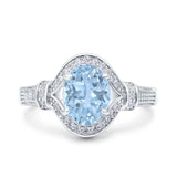 Oval Natural Aquamarine Halo Beaded Ring 925 Sterling Silver