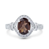 Oval Natural Chocolate Smoky Quartz Halo Beaded Ring 925 Sterling Silver
