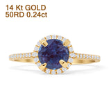 14K Yellow Gold Round Halo Lab Alexandrite Vintage Style Diamond Ring