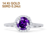 14K White Gold Round Halo Natural Amethyst Vintage Style Diamond Ring