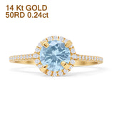 14K Yellow Gold Round Halo Natural Aquamarine Vintage Style Diamond Ring