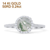 14K White Gold Round Halo Natural Green Moss Agate Vintage Style Diamond Ring