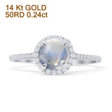 14K White Gold Round Halo Natural Moonstone Vintage Style Diamond Ring