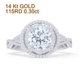 14K White Gold Round Halo Moissanite Twisted Split Shank Diamond Ring