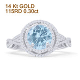 14K White Gold Round Halo Natural Aquamarine Twisted Split Shank Diamond Ring