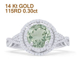 14K White Gold Round Halo Natural Green Amethyst Prasiolite Twisted Split Shank Diamond Ring