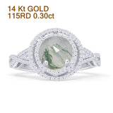 14K White Gold Round Halo Natural Green Moss Agate Twisted Split Shank Diamond Ring