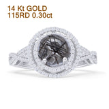 14K White Gold Round Halo Natural Rutilated Quartz Twisted Split Shank Diamond Ring