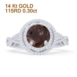 14K White Gold Round Halo Natural Chocolate Smoky Quartz Twisted Split Shank Diamond Ring