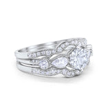 14K White Gold Three Piece Bridal Set Round Shape CZ Band Wedding Ring