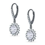 Oval Halo Flower Drop Dangle Leverback Earring Cubic Zirconia 925 Sterling Silver