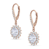 Oval Halo Flower Drop Dangle Leverback Earring Cubic Zirconia 925 Sterling Silver