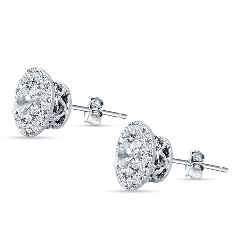 Round Halo Stud Earring Cubic Zirconia 925 Sterling Silver
