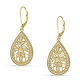 Pear Teardrop Filigree Drop Dangle Leverback Earring Cubic Zirconia 925 Sterling Silver