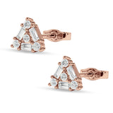 Triangular Shaped Baguette & Round Cubic Zirconia Stud Earring 925 Sterling Silver