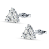 Triangular Shaped Baguette & Round Cubic Zirconia Stud Earring 925 Sterling Silver