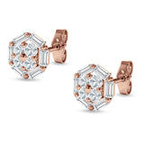 Hexagonal Stud Earring Baguette & Round Cubic Zirconia 925 Sterling Silver