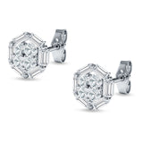 Hexagonal Stud Earring Baguette & Round Cubic Zirconia 925 Sterling Silver