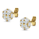 Hexagonal Stud Earring Baguette & Round Cubic Zirconia 925 Sterling Silver