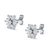 Starburst Stud Earring Flower Baguette & Round Cubic Zirconia 925 Sterling Silver