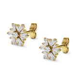 Starburst Stud Earring Flower Baguette & Round Cubic Zirconia 925 Sterling Silver