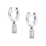Emerald Cut Solitaire Dangling Hoop Earring Cubic Zirconia 925 Sterling Silver