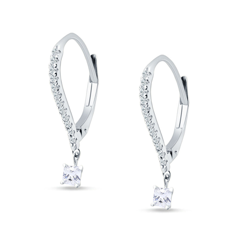 Dangle Drop Round & Princess Cut CZ Hoop Leverback Earrings 925 Sterling Silver