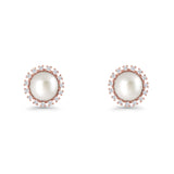 Pearl Stud Earrings 8.7mm Halo Cubic Zirconia 925 Sterling Silver
