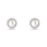 Pearl Stud Earrings 8.7mm Halo Cubic Zirconia 925 Sterling Silver