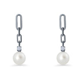 Round Cubic Zirconia & Pearl Paperclip Stud Earrings 925 Sterling Silver