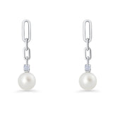 Round Cubic Zirconia & Pearl Paperclip Stud Earrings 925 Sterling Silver