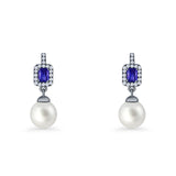 Emerald Cut Blue Cubic Zirconia & Pearl Charm Stud Earrings 925 Sterling Silver