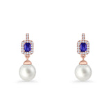 Emerald Cut Blue Cubic Zirconia & Pearl Charm Stud Earrings 925 Sterling Silver
