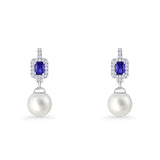 Emerald Cut Blue Cubic Zirconia & Pearl Charm Stud Earrings 925 Sterling Silver