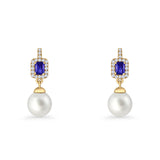 Emerald Cut Blue Cubic Zirconia & Pearl Charm Stud Earrings 925 Sterling Silver