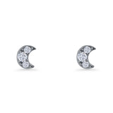 Crescent Moon Stud Earring 5mm Round Cubic Zirconia 925 Sterling Silver