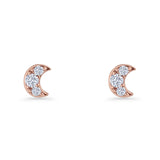 Crescent Moon Stud Earring 5mm Round Cubic Zirconia 925 Sterling Silver