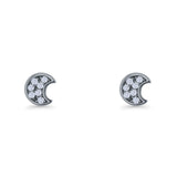 Crescent Moon Stud Earring 4.9mm Cluster Round Cubic Zirconia 925 Sterling Silver