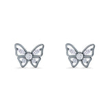 Minimalist 10.7mm Butterfly Stud Earrings Cubic Zirconia 925 Sterling Silver
