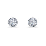 Round Stud Earrings 8.5mm Halo Cubic Zirconia 925 Sterling Silver