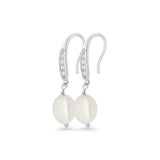 Drop Dangle 32mm Oval Pearl Fishhook Earring Cubic Zirconia 925 Sterling Silver