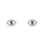 Evil Eye Earrings 6.2mm Floral Blue & Clear Cubic Zirconia 925 Sterling Silver
