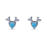 Triangular 7.3mm Lab Created Opal Deer Antlers Stud Earring 925 Sterling Silver