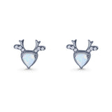 Triangular 7.3mm Lab Created Opal Deer Antlers Stud Earring 925 Sterling Silver