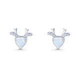 Triangular 7.3mm Lab Created Opal Deer Antlers Stud Earring 925 Sterling Silver
