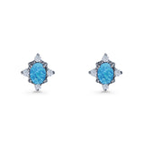 Floral Oval Stud Earring Lab Created White Opal  925 Sterling Silver